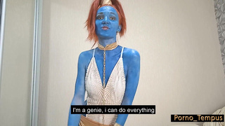 Девушка-джин с синей кожей послушно выполняет желание отсосать член